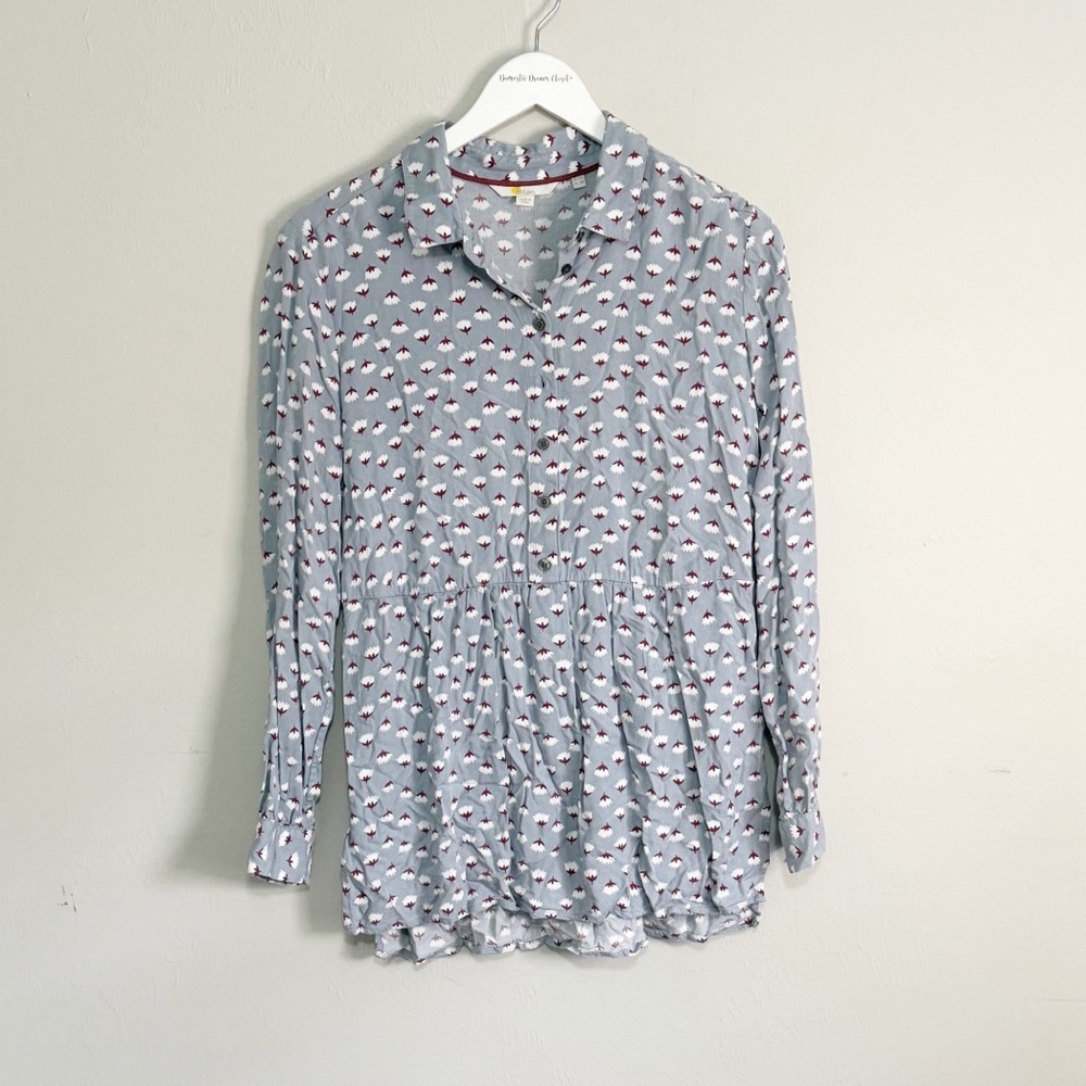 BODEN Women’s Blue Red Lotus Flower Print Babydoll Blouse Collared Size US 8